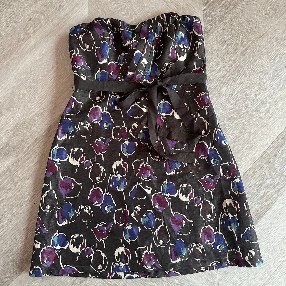 American Eagle Green Metallic Pleated Floral Strapless Ribbon Mini Dress 2 XS